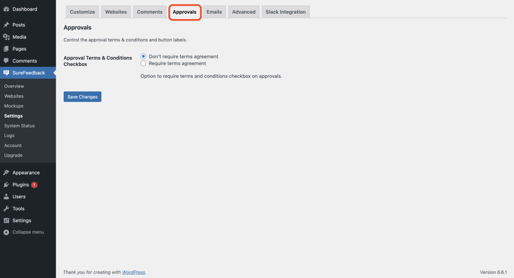 SureFeedback Customization Settings approvals tab