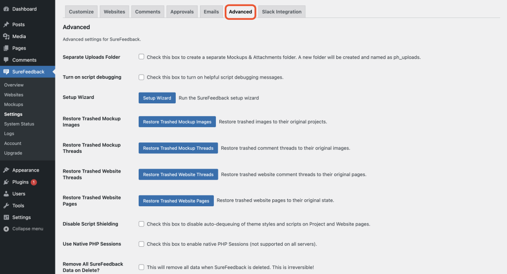 SureFeedback Customization Settings advanced tab