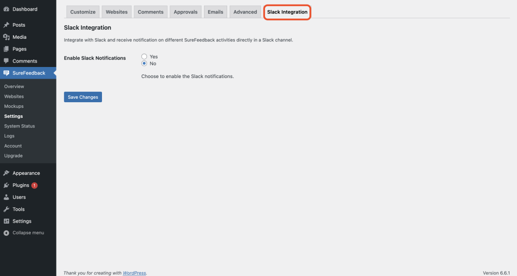 SureFeedback Customization Settings slack integration tab