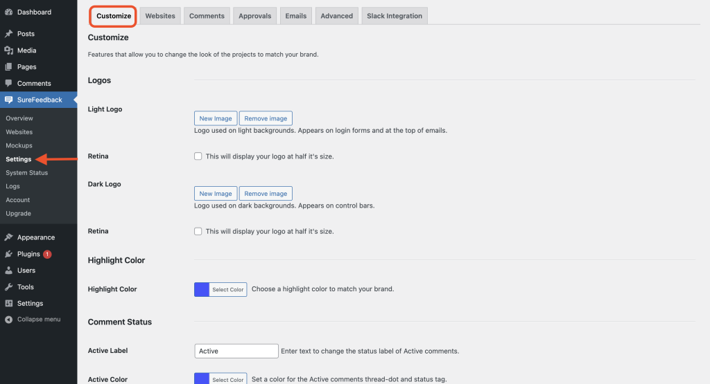SureFeedback Customization Settings customize tab