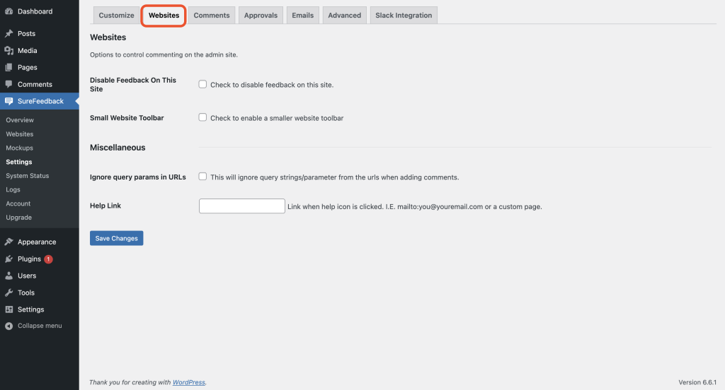 SureFeedback Customization Settings websites tab