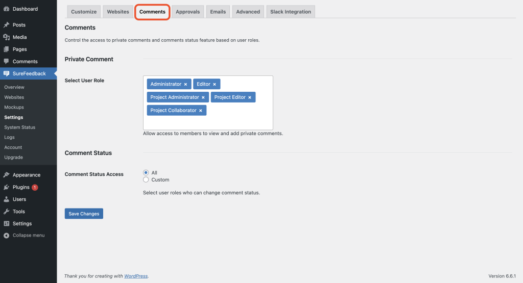 SureFeedback Customization Settings comments tab